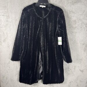 Fever Faux Fur Coat Womens Large Black‎ Plush Lined Open Front Jacket M5229703FR